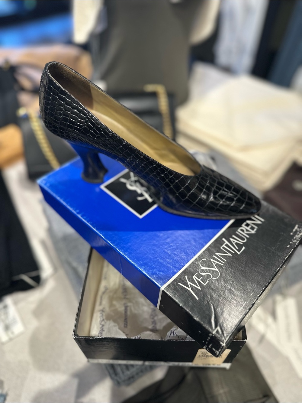 Yves Saint Laurent Black Croc-Embossed Mid Heel Pumps